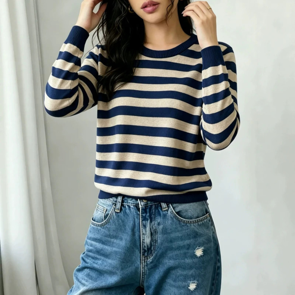 ZARA Womens Striped Knit Top Simple Round Neck Versatile Long Sleeve Slim Fit